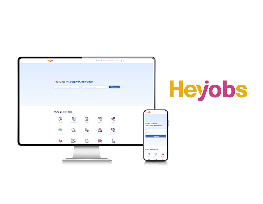 Logo der Jobbörse HeyJobs samt Screenshot der Startseite von HeyJobs