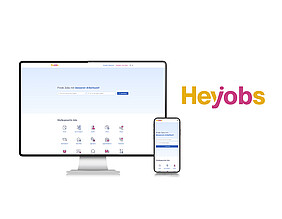 Logo der Jobbörse HeyJobs samt Screenshot der Startseite von HeyJobs